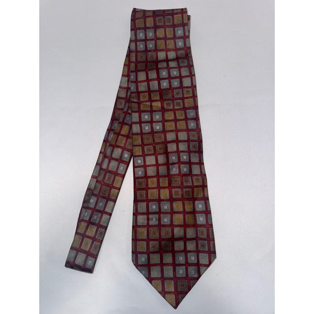 Ermenegildo Zegna Silk‎ Tie Red Gold Grey Geometric Square Pattern Italy Mens